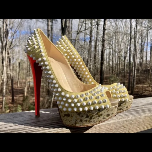 Christian Louboutin Lady Peep Suede Canary Yellow Spiked Platform Heels Sz‎ 36.5 - Picture 1 of 12